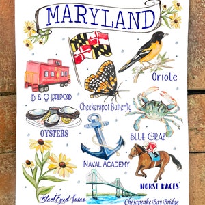 State of Maryland Icons  Flour Sack Kitchen Towel 18x31