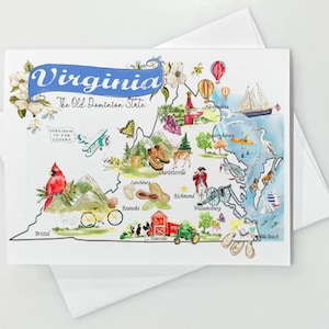 May include: A watercolor illustration of the state of Virginia with various landmarks and symbols. The map is surrounded by a blue banner with the text "Virginia The Old Dominion State".