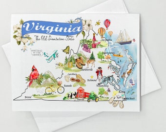May include: A watercolor illustration of the state of Virginia with various landmarks and symbols. The map is surrounded by a blue banner with the text "Virginia The Old Dominion State".