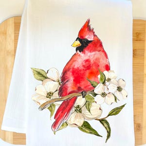 Cardinal with  Dogwood  #117 Flour Sack Kitchen Towel