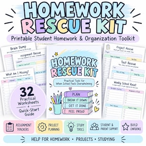 May include: A printable Homework Rescue Kit featuring 32 worksheets and a quick-start guide. The cover displays the text Homework Rescue Kit, Practical Tools for When School Feels Overwhelming, and a stack of books labeled Plan, Break It Down, Get It Done, Feel Proud.