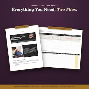 May include: An intermittent leave packet containing two digital files: a 14-part standard operating procedure document in Word and an auto-calculating tracker in Excel. The text reads: Intermittent Leave Packet, Everything You Need, Two Files.