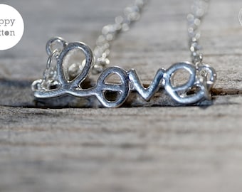 love necklace, love script necklace, love jewelry, gift for her, love pendant, silver love necklace, gold love necklace, love word necklace