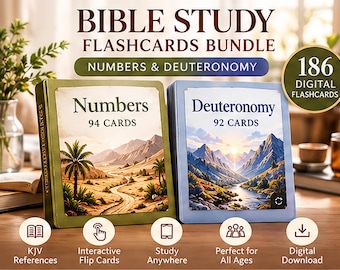 May include: A Bible Study Flashcards Bundle featuring 186 digital flashcards. Two card sets are displayed: one olive green box labeled Numbers with 94 cards and a desert landscape, and one light blue box labeled Deuteronomy with 92 cards and a mountain scene.