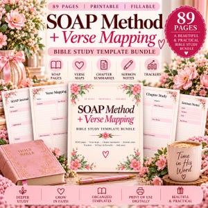 May include: A printable and fillable Bible study template bundle titled SOAP Method + Verse Mapping. The set includes 89 pages of journal templates, verse maps, chapter summaries, and sermon notes, accompanied by a pink Bible and a mug.
