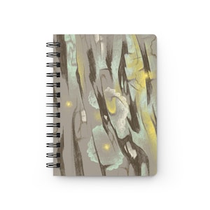 May include: A spiral-bound notebook featuring an abstract design with vertical strokes in shades of taupe, dark brown, pale mint green, and soft yellow. The cover displays a textured, layered appearance with light-colored organic shapes.