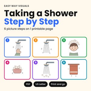 Pode incluir: Uma folha educativa imprimível intitulada Taking a Shower Step by Step com seis ilustrações numeradas. O gráfico mostra um chuveiro, uma pessoa lavando o cabelo com bolhas, sabonete e uma toalha. Inclui etiquetas PDF, US Letter e Print and go.