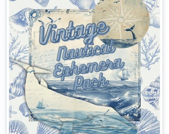Vintage Nautical Embellishment Ephemera Pack - 8 pages- Digital Journal Kit (Instant Download Only) French toile, sea shells, whales, tags