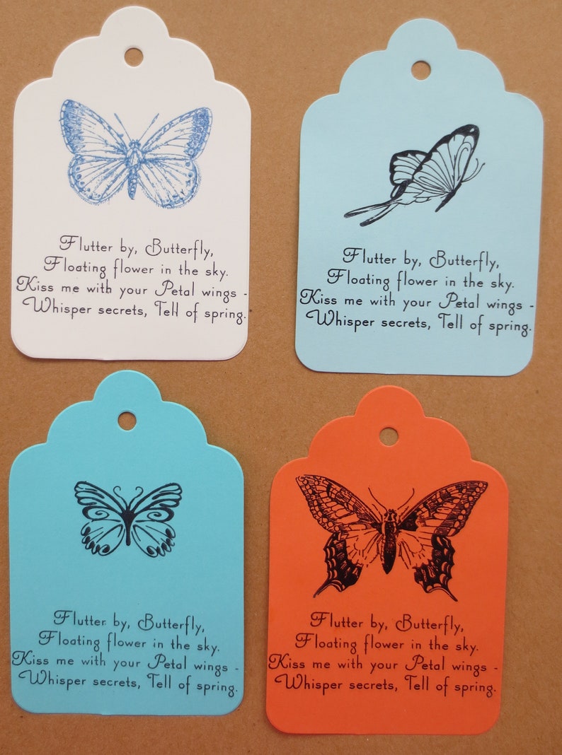 4 Large Scallop Ready to Ship Stamped Butterfly Sentiment Butterfly Gift Tags Hand Stamped and Embossed
