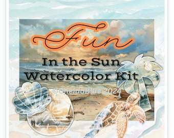 Watercolor Beach - Junk Journal Kit with 21 pages (Instant Download Only) summer, ocean, sea turtle, shells, birds, boat, tags, pockets