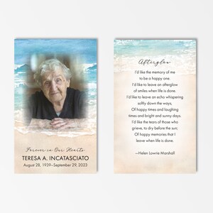 Cartão de oração de praia, cartão memorial, cartão de funeral, cartão personalizado para impressão, em memória de, papelaria, aquarela