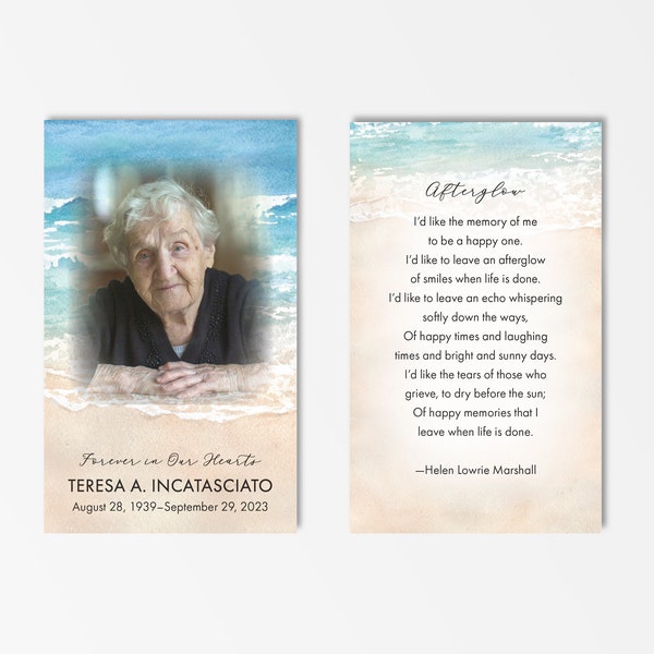 Beach Prayer Card, Memorial Card, Funeral Card, Personalized Printable Card, In Memory of, Stationery, Watercolor