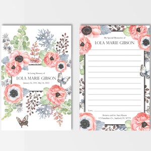 Anemones & Butterflies Share a Memory Card, Attendance Card, Funeral Memory Card, PDF Remembrance Card, Guestbook, Share a Memory Printable
