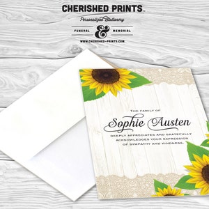 Sunflowers Customizable Thank You Cards and Funeral Acknowledgement Cards, Printing Available, Funeral Note Cards
