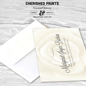 Stunning White Rose, minimalist design, Custom Funeral Acknowledgement Cards and Thank You Cards, Printing Available, Memorial Note Card