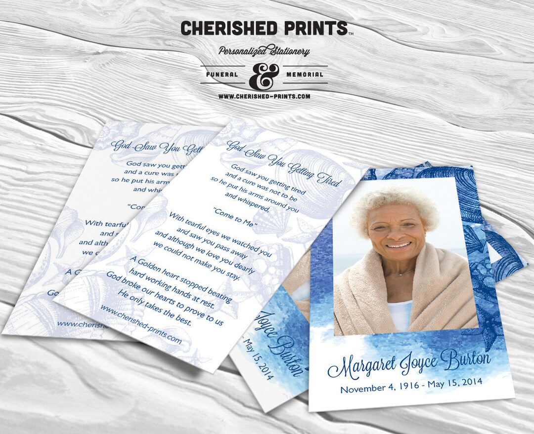 Seashells by the Seashore Prayer Card, Memorial Card, Funeral Card