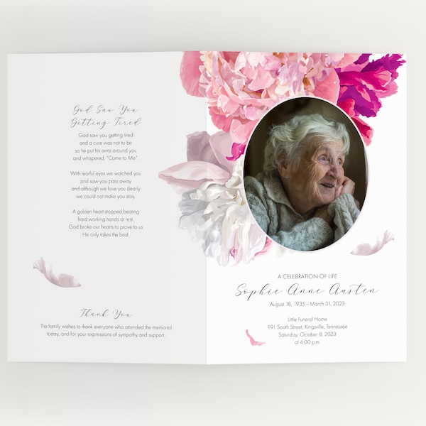 Beautiful Soft Peonies funeral program, funeral folder celebration of life program order of service memorial program memorial service folder