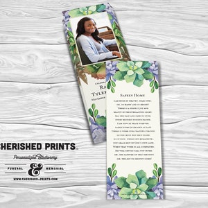Succulents bookmark, memorial bookmark, funeral bookmark, prayer bookmark, celebration of life, personalized bookmark, modern, green