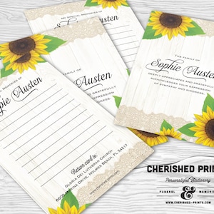 Sunflowers Share a Memory Card, Attendance Card, Funeral Memory Card, PDF Remembrance Card, Guestbook, Share a Memory Printable