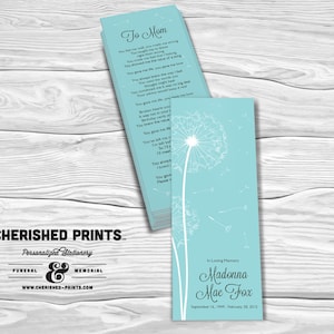 Dandelions bookmark, memorial bookmark, funeral bookmark, prayer bookmark, celebration of life, personalized bookmark, blue