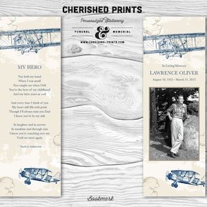 Vintage Airplanes bookmark, memorial bookmark, funeral bookmark, prayer bookmark, celebration of life, personalized bookmark, clouds, sky