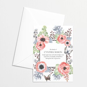 Anemones & Butterflies Custom Funeral Acknowledgement Cards and Thank You Cards, Printing Available, Memorial Note Card