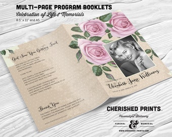 Vintage Purple Roses Multi-Page Funeral Booklet Program, Celebration of Life Program, Memorial Booklet, Multipage Folder, Order of Service