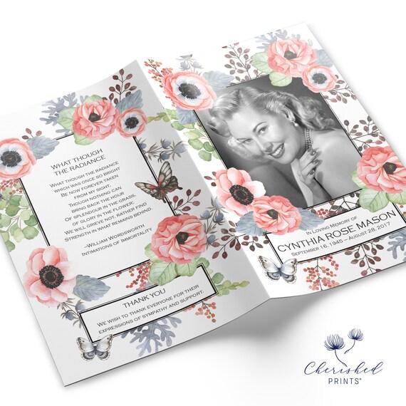 Anemones Butterflies Multi Page Funeral Booklet Program Etsy