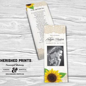Sunflowers bookmark, memorial bookmark, funeral bookmark, prayer bookmark, celebration of life, personalized bookmark, rustic