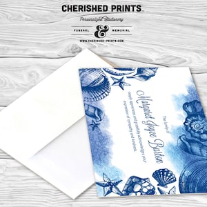 Seashells by the Seashore Custom Funeral Acknowledgement Cards and Thank You Cards, Printing Available, Memorial Note Card