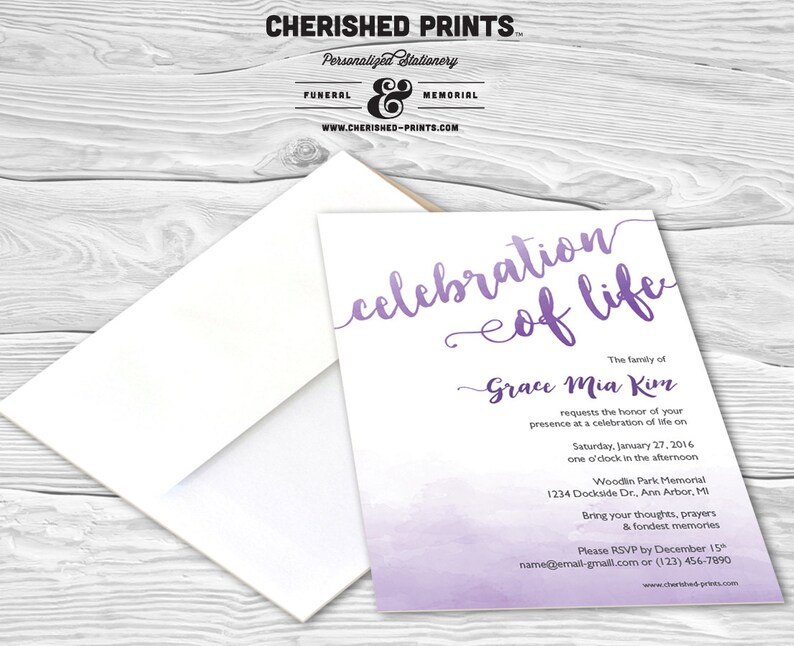 Lovely Purple Watercolor Mourning Card Invitation Memorial Etsy