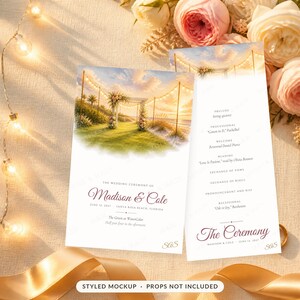 May include: A wedding program featuring a watercolor illustration of a beachside ceremony arch at sunset. The text includes the names Madison & Cole, the date June 12, 2027, and a detailed order of service listing the prelude, processional, and recessional.