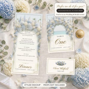 Blue Hydrangea Wedding Sign Bundle, Editable Canva Welcome Sign, Seating Chart, Table Numbers, Menu