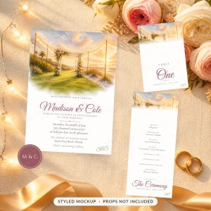 May include: A wedding invitation suite featuring a beach sunset illustration with string lights, including a main invitation for Madison and Cole, a table number card, and a ceremony program, all printed with dark text on white cardstock.