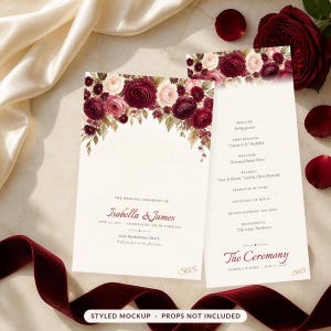 Burgundy Rose Wedding Program Template, Editable Canva Ceremony Program, Folded and 4x9 Flat