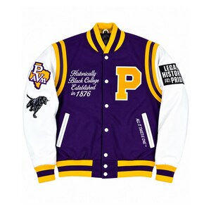 May include: A purple and white varsity jacket featuring a large yellow letter P on the chest, white sleeves with a panther and Texas-shaped patch, and text reading Historically Black College Established in 1876 and ALL IT TAKES IS ONE.