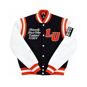 May include: A black and white varsity jacket with orange accents. The front features the text "Historically Black College Established in 1854" and "LU" in orange lettering. The left sleeve has a black patch with "CY RY DE" in white text.