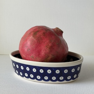 Handmade Polish Pottery 6.5" x 4.5" Oval Baker Bowl - Bolesławiec Stoneware, Blue Eyes Pattern