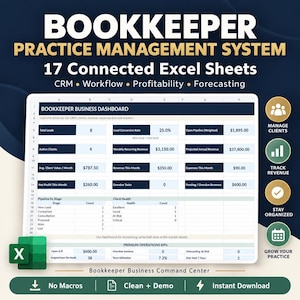 Puede incluir: Un sistema digital de gestión de práctica contable con 17 hojas de Excel conectadas. El panel muestra métricas comerciales como clientes potenciales, clientes activos, ingresos recurrentes mensuales y beneficio neto. Incluye iconos para gestionar clientes, rastrear ingresos y organizar la práctica.