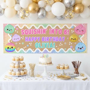 Glitter Squishy Dumpling Printable Birthday Banner Template, Rainbow Girl Bday Theme Photo Background, Editable Canva Digital Download Decor