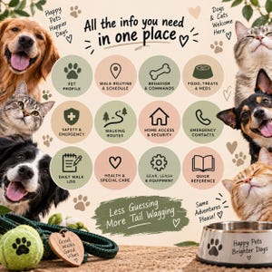 Könnte beinhalten: Eine informative Haustier-Organisationsübersicht mit Fotos von Hunden und Katzen. Der Text lautet All the info you need in one place, Less Guessing More Tail Wagging, und enthält Symbole für Tierprofile, Routinen, Sicherheit und Notfallkontakte.