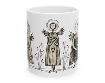 Taza de cerámica con diseño de ángel, estilo arte popular en color carbón, taza de café de cerámica rústica y original (325 ml)