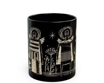 Taza de arte popular con diseño de ángel, dos ángeles al anochecer, taza de cerámica negra con efecto esgrafiado.