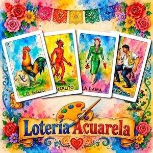 Op de afbeelding: Een aquarelillustratie met vier Loteria-kaarten met de labels El Gallo, El Diablito, La Dama en Borracho, gerangschikt boven een banner met de tekst Lotería Acuarela, een verfpalet en een penseel, omringd door kleurrijke bloemenranden.