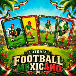 Könnte beinhalten: Vier rechteckige Spielkarten mit fußballbezogenen Illustrationen eines Hahns, eines Teufels, einer Frau und einer Person, die einen Globus hält, wobei der Text LOTERÍA FOOTBALL MEXICANO unter den Karten vor einem grünen Spielfeldhintergrund steht.