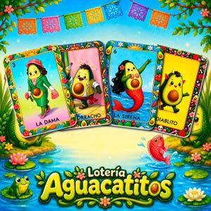 May include: A Lotería Aguacatitos game set featuring four illustrated cards with avocado characters: La Dama, Borracho, La Sirena, and Diablito. The cards are decorated with colourful floral borders and set against a pond background with a frog.