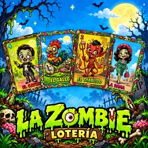 Könnte beinhalten: Ein Set aus vier illustrierten Lotería-Karten mit Zombie-Figuren, beschriftet als El Catrín, El Gallo, El Diablito und La Dama, angeordnet über dem grünen, tropfenden Schriftzug La Zombie Lotería mit einem Augapfel im Buchstaben O.
