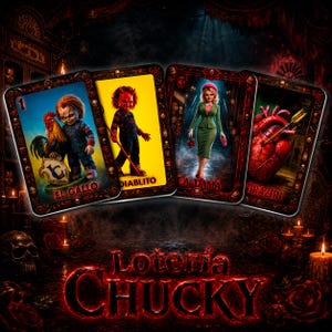 Peut inclure: Un jeu de quatre cartes à jouer rectangulaires avec des illustrations sur le thème de l'horreur. Les cartes affichent le texte El Gallo, Diablito, La Dama et Corazon. Sous les cartes, le texte Loteria Chucky est écrit en rouge.