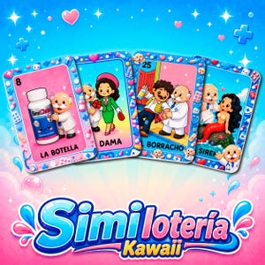 Könnte beinhalten: Ein Set aus vier Spielkarten des Simi Loteria Kawaii Spiels mit Cartoon-Illustrationen einer Flasche, einer Frau, eines Mannes und einer Meerjungfrau, jeweils begleitet von einer Arztfigur. Die Karten sind mit medizinischen Symbolen verziert.