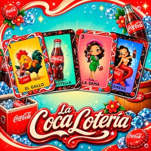 Könnte beinhalten: Ein La Coca Loteria Spielset mit vier illustrierten Karten mit den Titeln El Gallo, Botella, La Dama und Sirena. Die Karten zeigen einen Hahn, eine Coca-Cola-Flasche mit Gesicht, eine Frau im grünen Anzug und eine Meerjungfrau mit Coca-Cola-Logo.